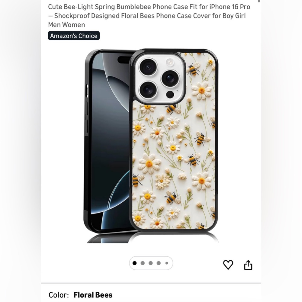 Bee-Themed Floral iPhone 16 Pro Case - Black and Cream